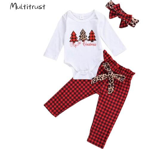 2020 Christmas Newborn Baby Girl Clothes Set Long Sleeve Christmas Tree Print Romper+ Bow Pants+ Headband 3Pcs