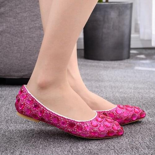 Crystal Low-Heeled FlatBridal Diamond Wedding Shoes Large Size Shallow Mouth Banquet Dress Single Women