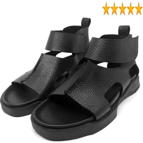 Thick 2021 Fashion Platform Mens Sandals Cow Real Leather Gothic High Top Summer Sandal Beach Leisure Hook Loop Gladiator Shoes
