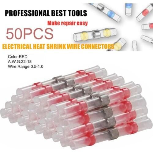 50pcs Red Waterproof Solder Seal Sleeve Heat Shrink Butt Wire Connectors Terminals 22-18 AWG Diameter 2.7 mm