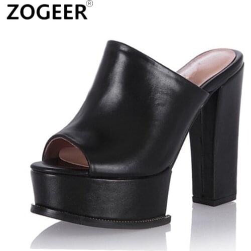 Fashion PU Leather Summer Slippers Woman Thick High Heel Platform Mules Shoes Women Footwear Shoes Woman Black White Sandals