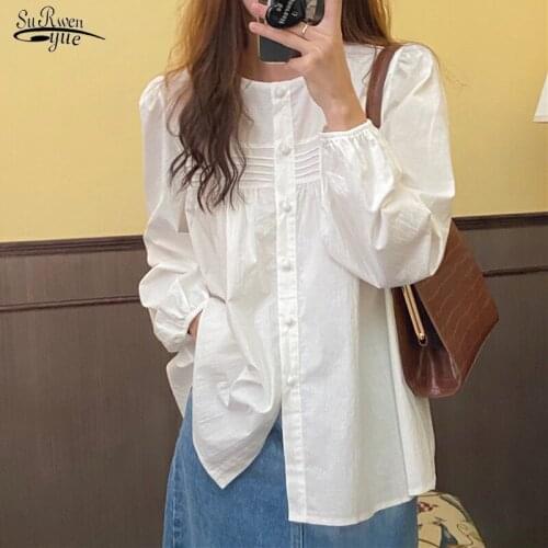 Blusas Mujer Korean Loose Round Neck Solid Color Simple and Versatile Long Sleeve Shirt Casual Chic Poplin Chemise Tops 12366
