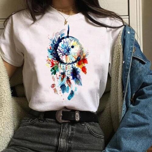 Women Clothes Lady Tees Graphic Cartoon Watercolor Dream Web Flower Feather Clothing Tops Female T Shirt Womens T-Shirt