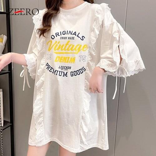 Summer Korean Casual Dresses for Women Round Neck Split Fork Short Sleeve Letter Splicing Lace Splicing Ruffle Loose Mini Dress