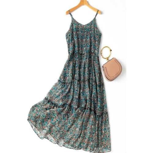 Womens 100% Silk braces skirt luxury Fashion Heavy slip dress Long Dress Elegant Color Flower print L1209