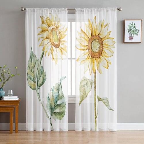 Sunflower Watercolor White Print Sheer Window Panel Curtains Room for Living Room Bedroom Kitchen Room Chiffon Tulle Curtains