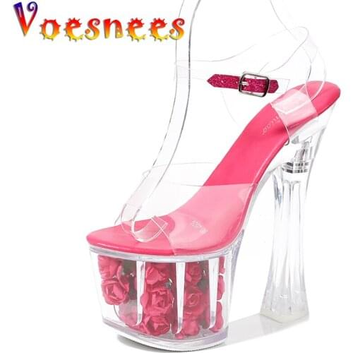 Voesnees Sandals Transparent Crystal Shoes Wedding Shoes Women Model Shoes Thick Heels Super High heels 17cm Roses Waterproof