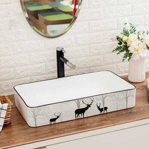 Nordic Ceramic Washbasin Simple Forest Deer Art Ceramic Rectangular Household Countertop Wash Basin Bathroom Sink Shampoo Basin