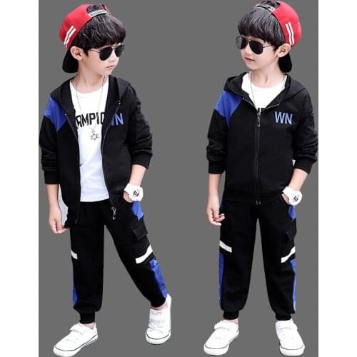 Children Streetwear Clothing Set Patchwork Hooded Jackets Coat + Letter Tee +Pants Teenager Boys Two Piece Suits Kids Tracksuits