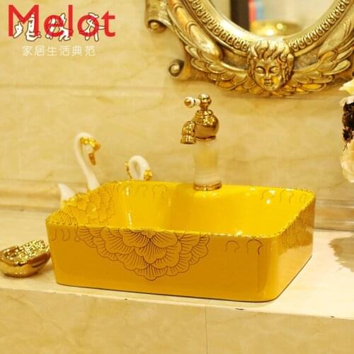 Square Jingdezhen Art Ceramic Table Basin Washbasin Washbasin Square Yellow Golden Peony