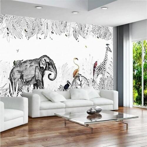 Milofi custom 3D simple hand-painted small fresh elephant giraffe European wallpaper mural TV background wall