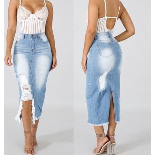 Fashion Women Skirt High Waist Ripped Split Denim Distressed Jeans Body con Long Skirt suitable for Daily Life юбка