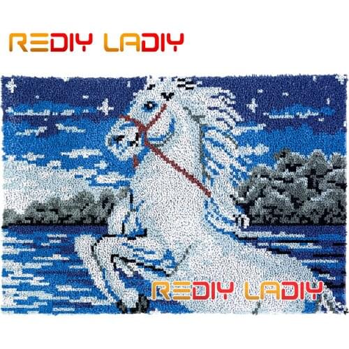 Latch Hook Rug Kits White Horse Plush Wall Hanging DIY Carpet Rug Chunky Yarn Arts Cushion Crocheted Floor Mat Hobby & Crafts