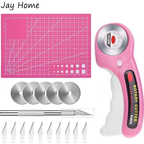 45mm Rotary Cutter Set for Fabric with 5 Replacement Blades & A4 Self Healing Cutting Mat & Craft Knife Set Cutting Crafting