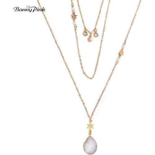 Banny Pink Multilayer Metal Chain Clavicle Necklaces For Women Cute Rhinestone Stars Geo Stone Charms Statement Choker Collar