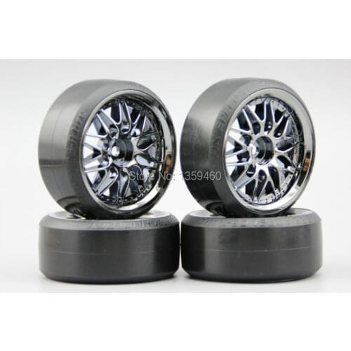 Pre-Glued 4pcs RC CS-R Drift Tires Tyre Wheel F20CH 4mm offset (Chrome Gray) With Silencing Sponge For 1/10 drift Car