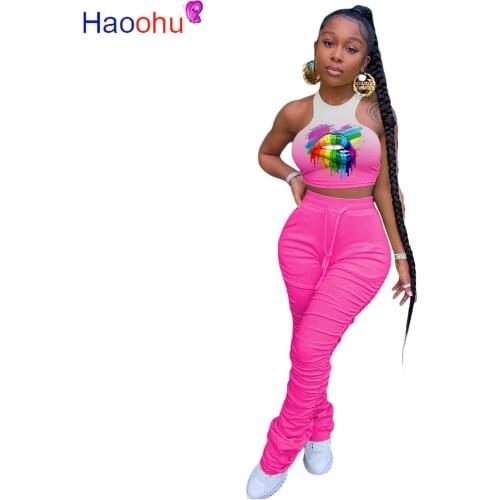 HAOOHU Sexy Tie Dye Lips Print 2 Piece Set Women Tracksuit Summer Outfits Crop Top Stacked Leggings Sweat Pants Matching Sets
