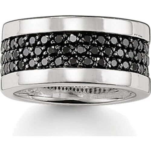 Silver Rings with Three Rows Black CZ on the Ring, Channel Setting Eternity Love Thomas Style Ring Jewelry Gift for Women Men