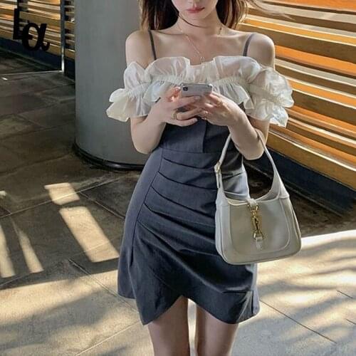 Luck A Lace Elegant Mini Shirt Dress Women One Shoulder Elegant Strap Dress Office Lady Party Evening One Piece Dress 2021