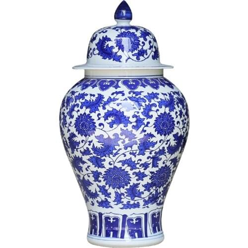 Vase Art Deco Vine And Flower Pattern Chinese Blue And White Ginger Jar Home Decor Temple Jar Flowers Vase 20 Inches Ceramic