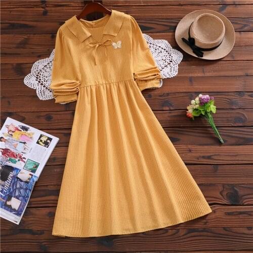 Spring new cute sweet vintage dress japan style long sleeve mori girl casual yellow vestidos