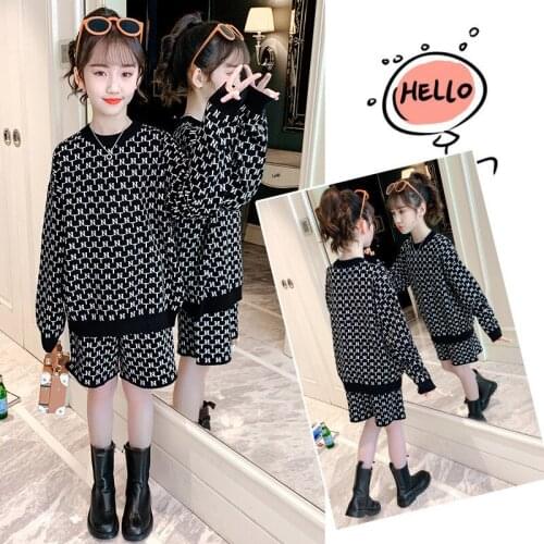 Autumn Girls Fashion Sets 2021 New Young Children Clothes Black Kids Knitting Sweater Shorts 2pcs Suit Teens Loose Tracksuit 8 Y
