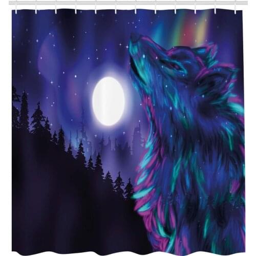 Moon Shower Curtain Northern Imagery with Aurora Borealis Wolf Spirit Magical Forest Starry Night Fabric Bathroom Decor Set