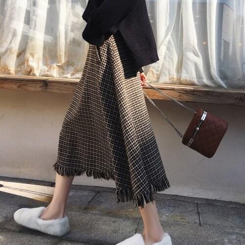YAMDI runway high waist elegant plaid skirt female vintage korean fashion tassel skirt women houndstooth hem skirts sping autumn