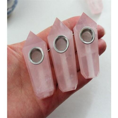 1pcs mini Natural Rose Quartz Crystal Smoking Pipes Cigarette Tobacco Wand Healing Pink