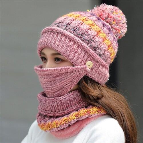 2020 Style Fashion Knitted Wool Cap WomenS Winter Versatile Korean-Style Warm Hat Scarf Face Mask Three-Piece Set New