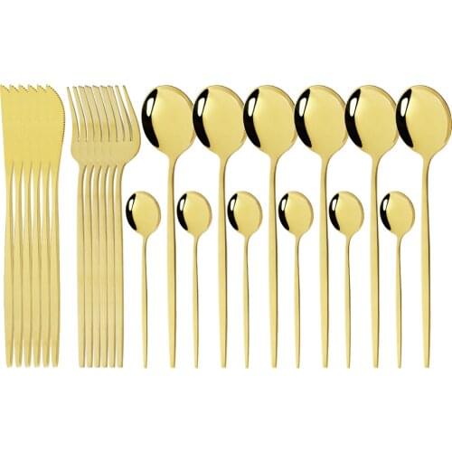 24pcs Gold Dinnerware Set Mirror Stainless Steel Tableware Set Knife Fork Coffee Spoon Flatware Set Dishwasher Safe Cutlery Set