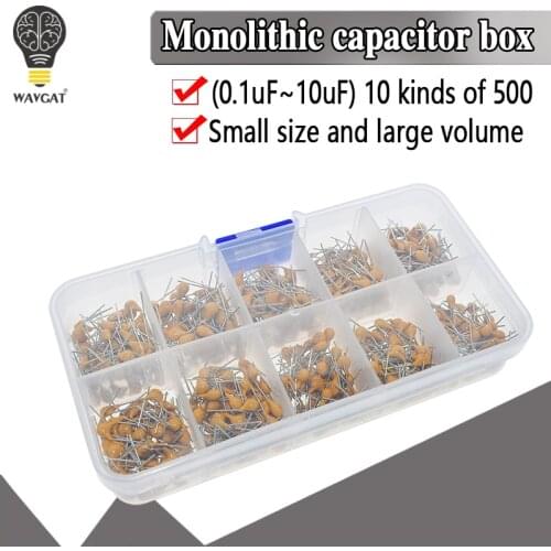 500pcs/lot 10Values*50pcs 0.1uF-10uF(104~106) 50V Multilayer Ceramic Capacitors Assorted Kit Assortment Set with Storage Box