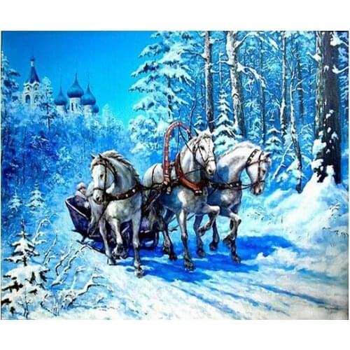 5D Full Drill Diamond Painting Animal Horses Pull Man In Winter Cross Stitch Resin Square Diamond Sets Diamond Embroidery