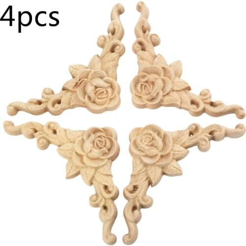 8*8cm Home Floral Woodcarving Decal Corner Applique Frame Door Wall Doors Furniture Decorative Figurines Wooden Miniatures 4Pcs
