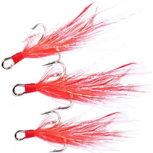 AH10 Treble Strong Fish Hooks Treble Hooks with Feather #4 #6 Custom Red Feather Hooks Tail Feather Jig Hooks