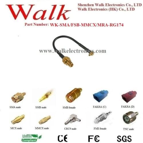 Antenna cable/RF cable assembly/cable antenna: MMCX male right angle to SMA female straight with rg174 cable