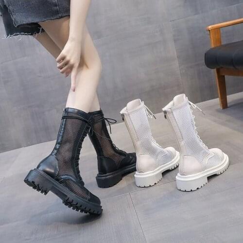 Hollow Out Mesh Summer Ankle Boots for Women Breathable Zipper Lace Up Casual Shoes Woman Low Heels Short Booties White