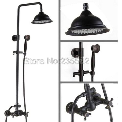 Black Oil Rubbed Bronze Bathroom Rain Shower Faucet Set Dual Handle Mixer Tap Wall Mounted with Handheld Shower Spray lrs412