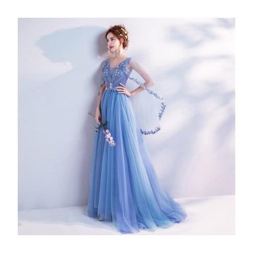 Luxury light blue lace flower cloak veil long dress medieval Renaissance Victoria dress gown