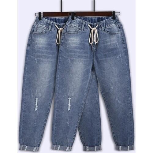 Jeans rasgados para mulheres cintura alta plus tamanho cordão solto denim harem calças femme 5xl 6xl 7xl 130kg