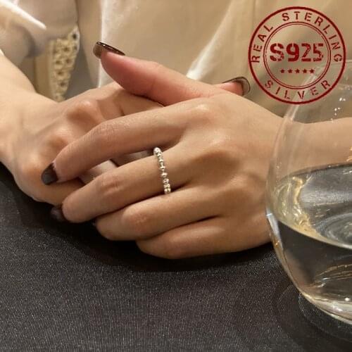 Real S925 Sterling Silver Chain Ring Women Beads Minimalist Fashion Women Ring Resizable Wedding Jewelry Engagement Gift