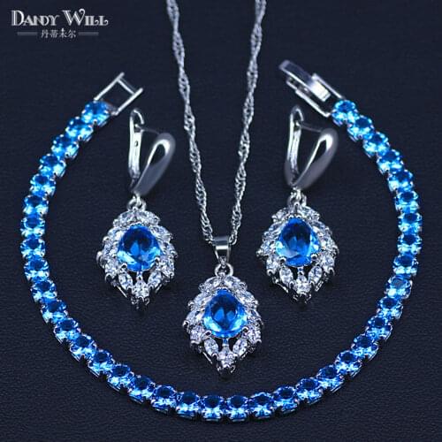 Sky Blue Cubic Zirconia Silver Color Bridal Jewelry Sets For Women Necklace Pendant Earrings Sets Sky Blue Crystal Bracelets