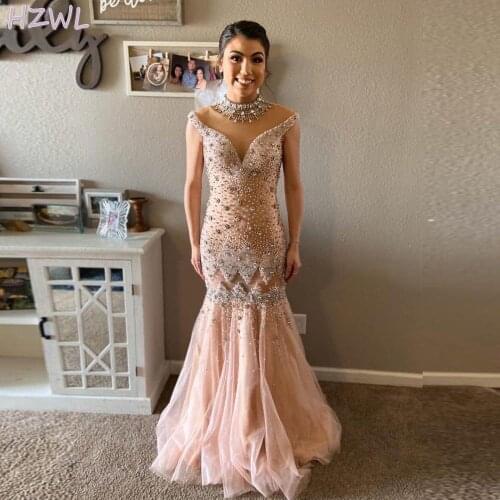 Crystals Beaded High Neck Prom Dresses Sheer Cap Sleeve Mermaid Plus Size Evening Gowns Tulle Sweep Train Robe De Soiree
