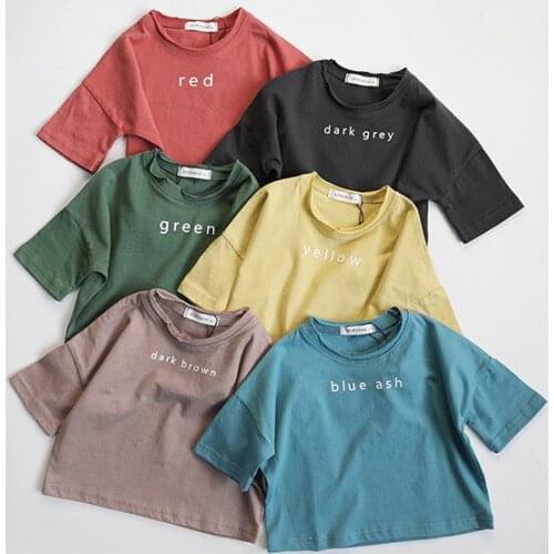 Summer Cotton T-shirts Baby Boys Girls Letter Printed T Shirt Kids Solid Loose Style Tee Children Half Sleeve Tees Kids Top