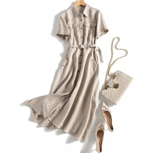 Summer New Women Loose Plus Size Japan Style Comfortable Breathable French Water Washed Cotton Linen Shirt Dresses