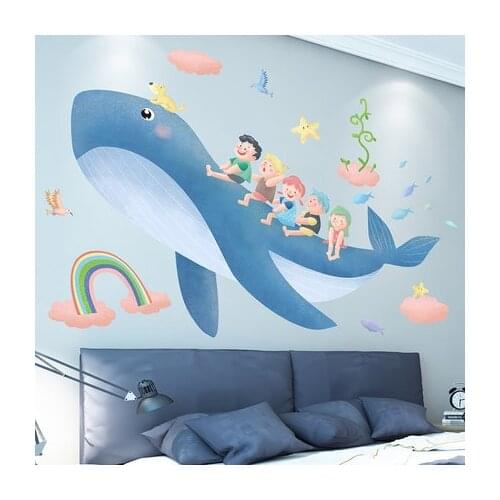 Flying Whale And Juvenile Wall Decals Kids Bedroom Background Wall 3D Wallpaper Cartoon Poster Animal Baby Room Wall Decoration