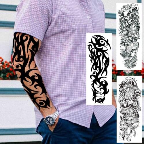 Extra Large Black Maori Totem Temporary Tattoos Sleeve For Men Women Realistic Fake God Skull Wolf Tattoo Sticker Full Arm Tatoo