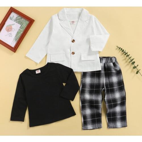 Autumn Fashion Baby Girls Clothes Kids Solid Long Sleeve Tops Plaid Pants Coat Jacket Formal Outfit Clothes 3PCS Costume