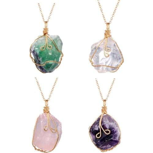 Natural Raw Stone Irregular Twist Crystal Quartz Pendant Necklace Copper Wire Wrapped Goldtone