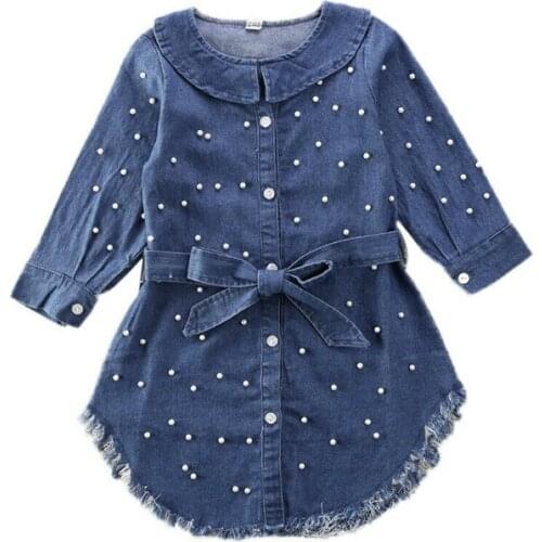 Casual Toddler Kids Baby Girls Clothes Princess Long Sleeve Round Neck Pearl Dress Girls Casual Denim Belt Dress Sundress
